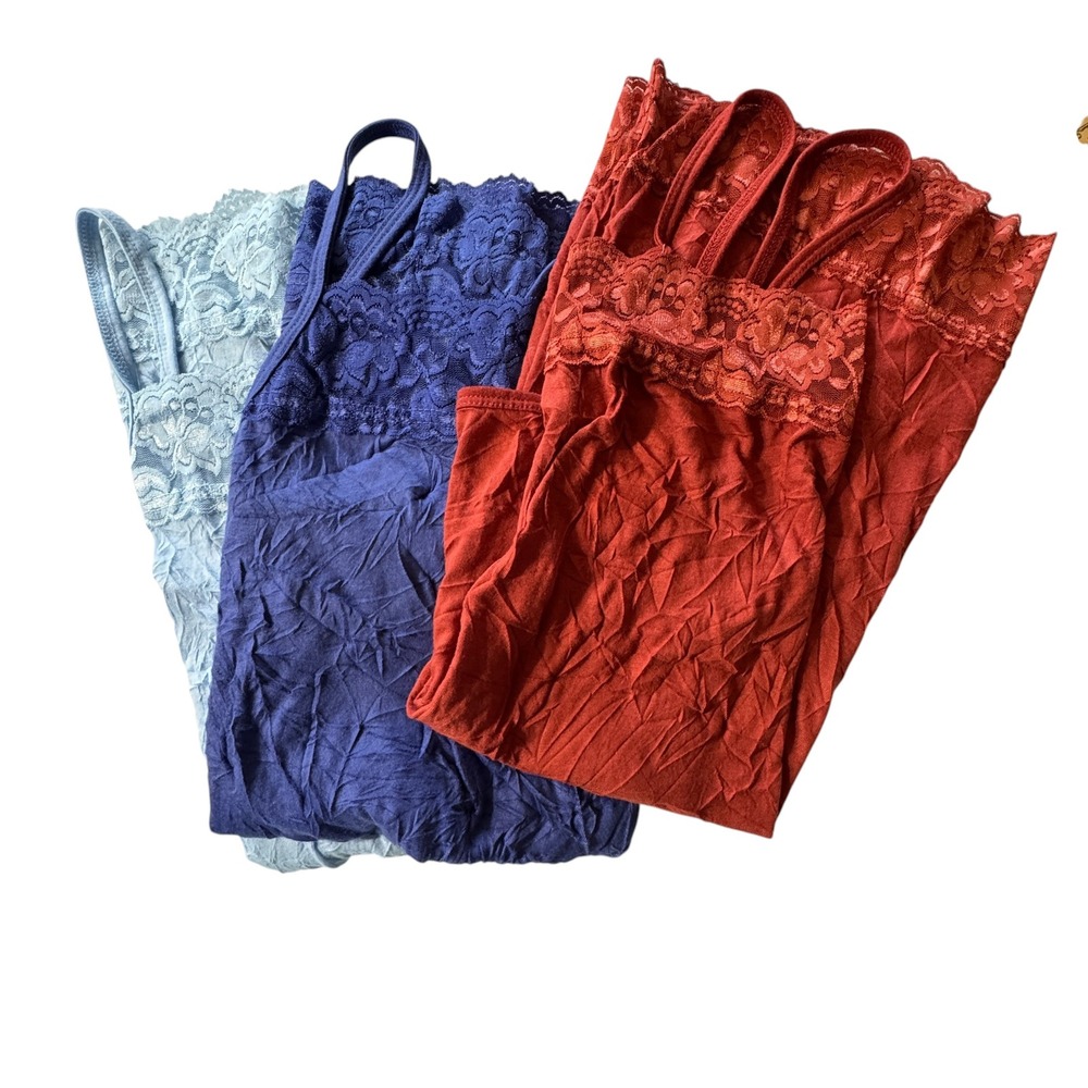 Lot of Three Lace Trim Crinkle Camisole Plus 3x Blue Rust Blue Boho Fairycore